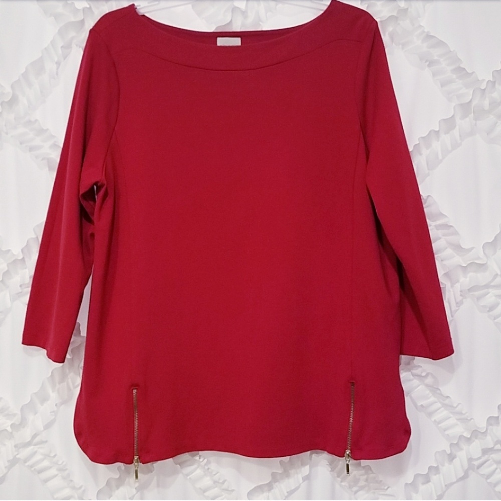 Chico's Red 3/4 Sleeve Blouse Zipper Detail